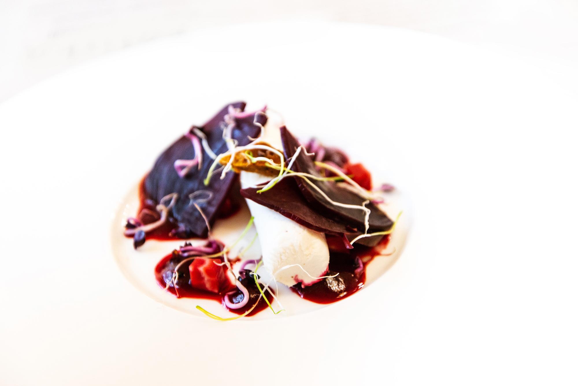 Close up of plated dish with technical garnish